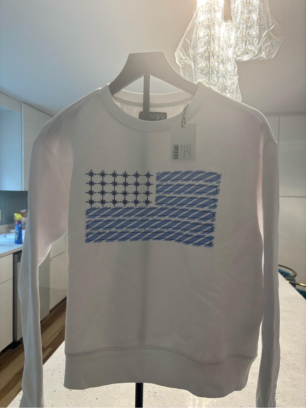 NWT Renwick White Crewneck Sweatshirt with Blue Flag Graphic